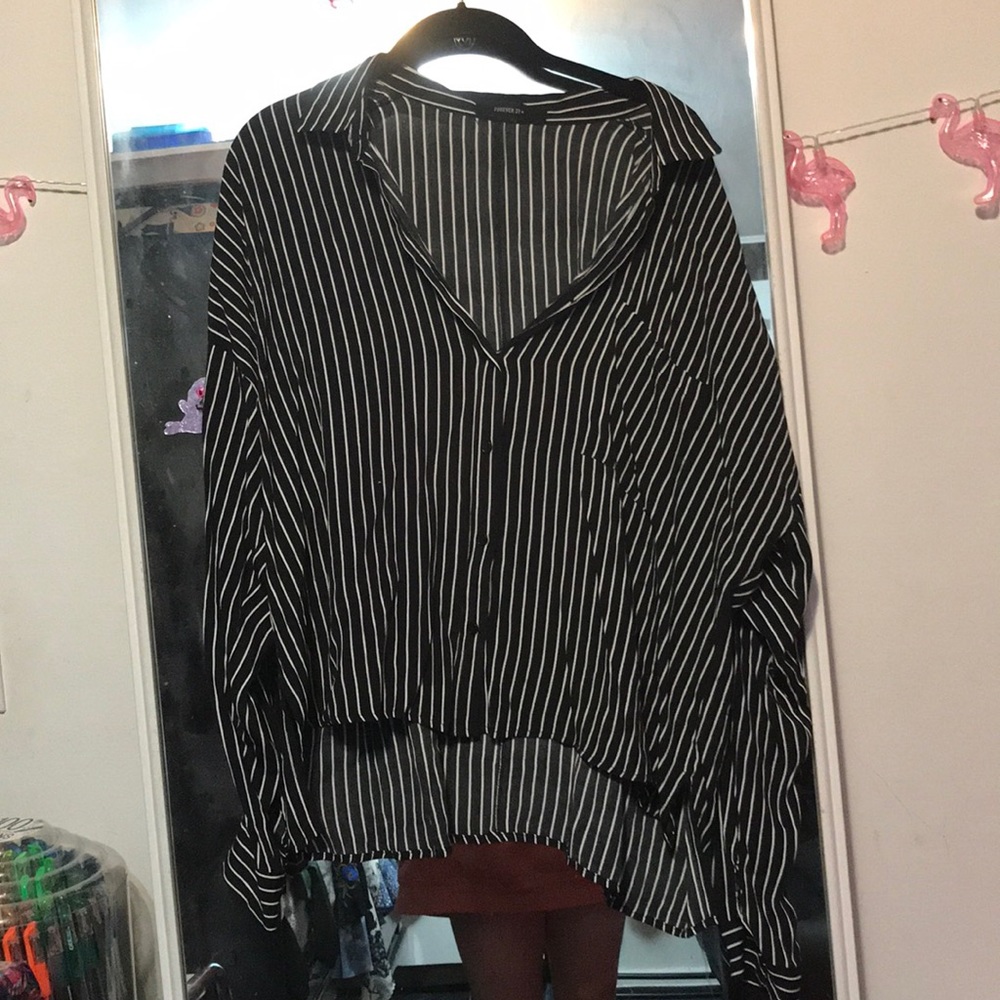 Black and white pinstriped button up blouse